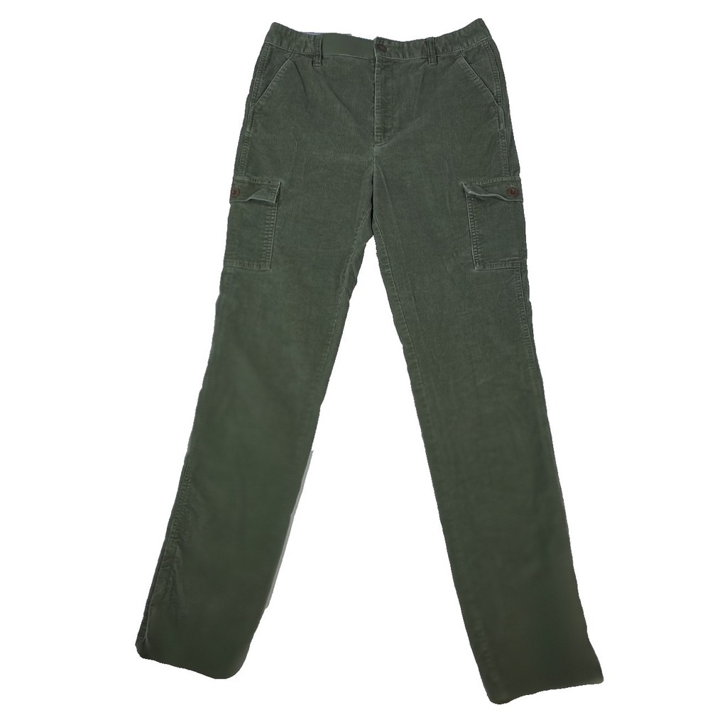 LL Bean Womens 10 Tall Corduroy Cargo Pant Olive Green High Rise Utility Trouser